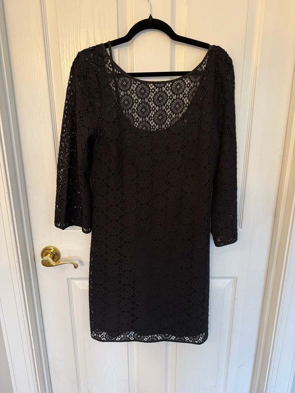 Lilly Pulitzer Topanga Black Crochet Knit Lace Long Sleeve Shift Dress Large